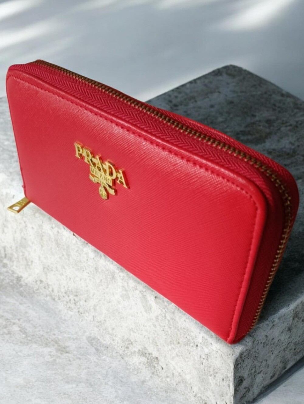 Designer Style "Prada Red Saffiano" Zip-Around Wallet with Gold Logo